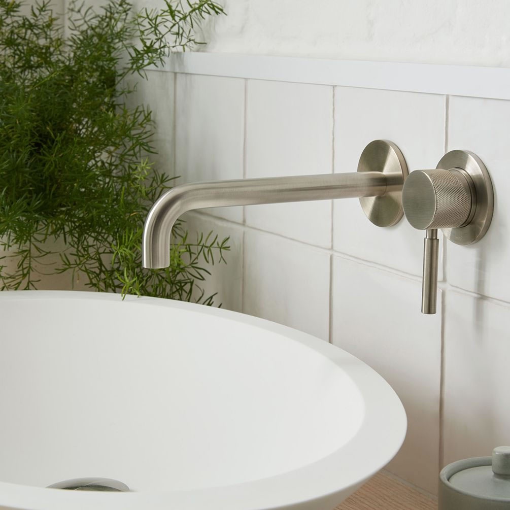 Lifestyle image of Vado Individual Knurled Accents Brushed Nickel Wall-Mounted Basin Mixer